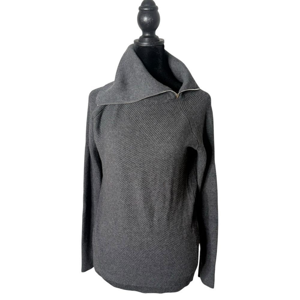 WHBM Gray Ribbed Knit Zip Cowl Neck Sweater Womens S Cashmere Blend Cozy